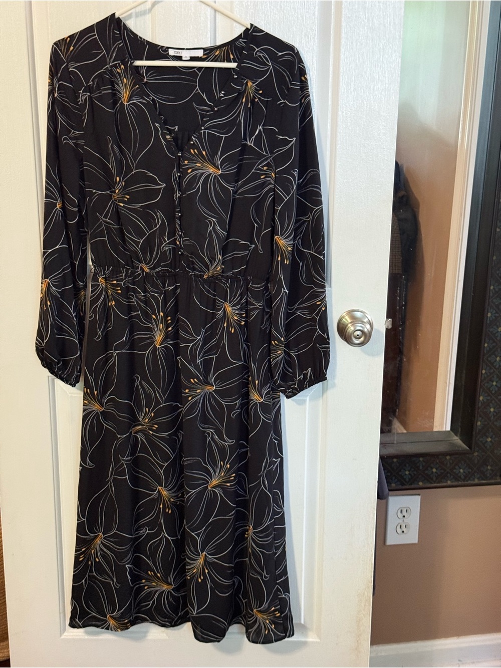 DR2 Black Floral Midi Dress with Yellow Accents